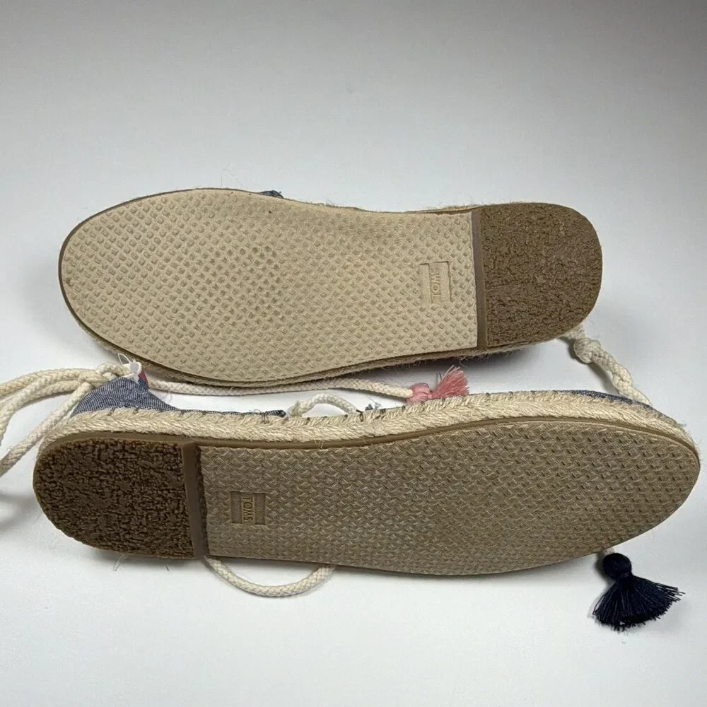 TOMS Women's Blue Denim Tassel Ankle Wrap Tie Espadrille Flats Round US 9.5